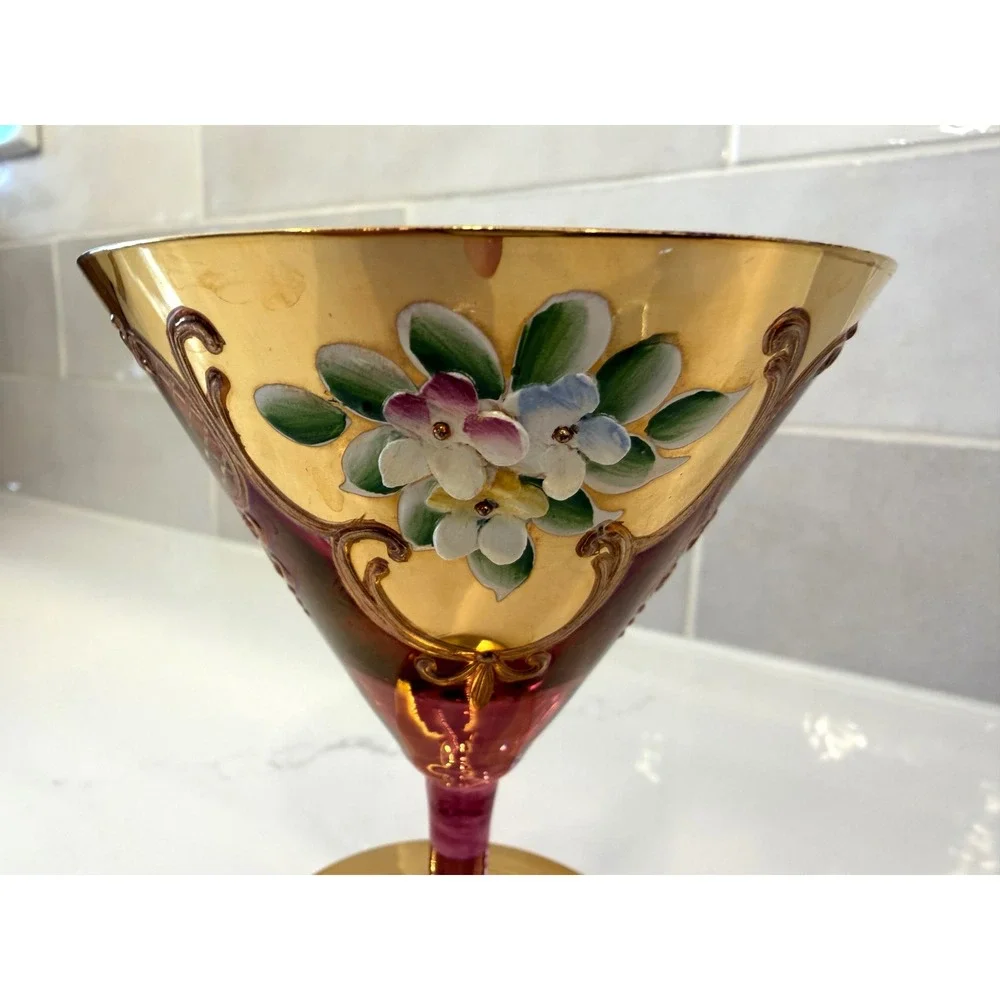 Vtg Murano Cranberry Glass‎ Gold 3D Enamel Floral Martini Goblet Venetian Glass